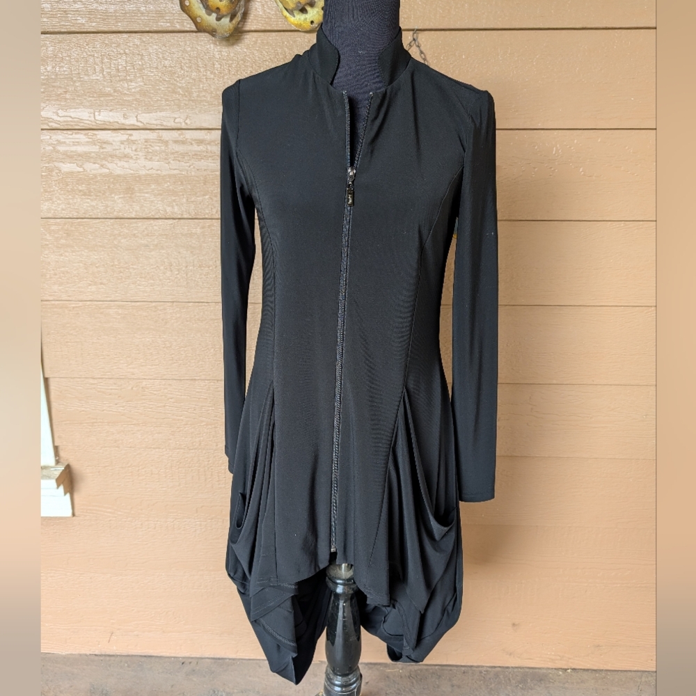 Joseph Ribkoff Black Long Zip Front Draped Jacket
